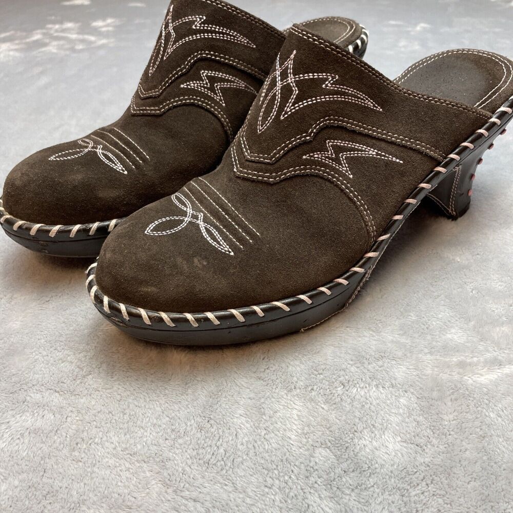 Sonora Western Heeled Mules Clogs‎ Womens 8M Brown Suede Leather Slip On Shoes